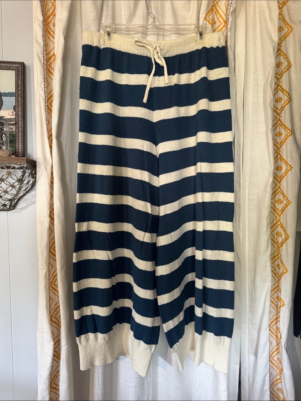 FreePeople Beach Navy and Cream Striped Knit Wide Leg Pants - Size Large